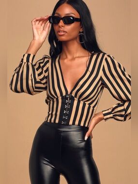 Lulus Major Moment Camel And Black Striped Hook And Eye Crop Top Beige - Size XS